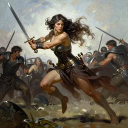 A full portrait of a very beautiful berserker woman, running into battle holding a sword, by Frank Frazetta, Greg Rutkowski, Boris Vallejo, epic fantasy character art, Exquisite detail, post-processing, low angle, masterpiece, cinematic