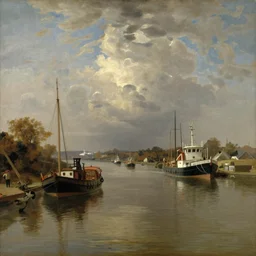 a scenic view of river and ships by jmw turner