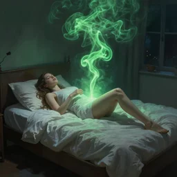 a woman floating abover her bed at night, astral projection, green smoke!!!!! surreal concept art, lifelike, photorealistic, digital painting, aesthetic, smooth, sharp focus, artstation hd, artgerm and by greg rutkowski, bruce pennington, valentina remenar, rhads, asher duran,