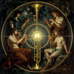 occult diagram of the trumpet of spirit conversation in the style of wayne barlowe, gustav moreau, goward,  Gaston Bussiere and roberto ferri, composition by austin osman spare
