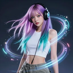 a award winning half body portrait of a beautiful woman with stunning eyes in a croptop and cargo pants with ombre purple pink teal hairstyle and wearing headphones on her ears by thomas danthony, surrounded by whirling illuminated lines, outrun, vaporware, digital art, trending on artstation, highly detailed, fine detail, intricate