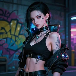 cyberpunk anime robin, cyberpunk accessory, 3 / 4 shot, street night, beautiful face, grafity, arcane, detail, good face, pose model, concept art, in style of yoji shinkawa, pan ren wei, col price, atey ghailan, by greg rutkowski, aesthetic, digital painting, 3 d