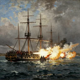 epic painting of british ships of the line firing a broadside