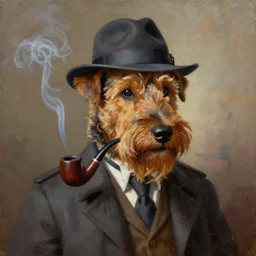 beautiful painting of an Irish terrier detective smoking a pipe and wearing fedora, oil painting, majestic