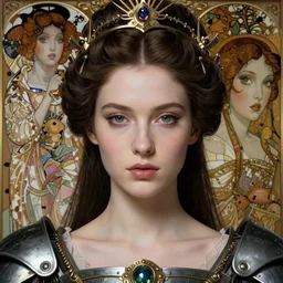 realistic detailed face portrait of a beautiful futuristic italian renaissance queen in alien cyberpunk armor by alphonse mucha, ayami kojima, amano, greg hildebrandt, and mark brooks, female, feminine, art nouveau, italian renaissance cyberpunk, venetian glass, neo - gothic, gothic, character concept design