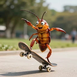 anthropomorphic cockroach riding a skateboard, doing a flip, photo