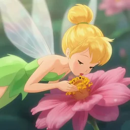 (anime Tinkerbell) kissing a flower, hyper realism, macro shot