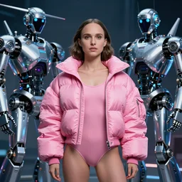 beautiful portrait, natalie portman, wearing oversized pink puffy bomber jacket and pink leotard, futuristic chrome drones, ultra realistic, dramatic lighting, robots, tron legacy artifacts, highly detailed by peter mohrbacher, wayne barlowe, boris vallejo, aaron horkey, gaston bussiere, craig mullins