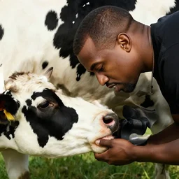 kanye west milking a cow, realistic, 8 k, high details, detailed face, sharp focus