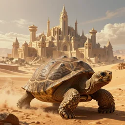 Large Fantasy City perched atop a Giant tortoise stomping through the hot sunny desert, High detail, Dungeons and Dragons, Focus on giant tortoise, 4k