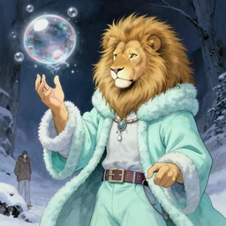aesthetic portrait commission of a albino male furry anthro lion controlling glistening floating bubbles with telekinesis power while wearing a mint colored cozy soft pastel wizard outfit, winter/fantasy Atmosphere. Character design by charlie bowater, ross tran, artgerm, and makoto shinkai, detailed, inked, western comic book art, 2021 award winning painting