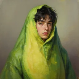 a young man wearing a full - body avocado cloth, black hair, artgem, digital painting, color painting, hyperrealistic, concept art, oil painting, masterpiece, concept art, trending on deviantart, realistic and detailed face, highly detailed, high quality, 8 k, soft lighting, fancy colors, fantasy, cinematic, high coherence