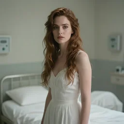 cinestill 5 0 d shot of a beautiful dreamy woman by annie liebovitz, stand on a bed of a dystopian mental hosptital room environment, detailed ambient, pale natural tonal glossy, hair intricate style, wearing white dress, elegant, highly detailed, soft foggy blur, artstation, sharp focus, head in focus,