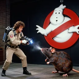 Ghostbusters shooting proton packs at a giant rat, film still, 1988, 35mm, detailed, 4k