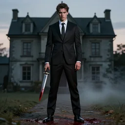 man in strict suit, one man, an indifferent face, house on background, bloody knife, blood on body, full body, little fog, evening, extremely detailed, sharp focus, professional photographer, professional model, gothic, dark colours