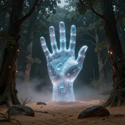 sci-fi scene of a holographic giant hand glowing in the center of a dark forest oasis in the desert, atmospheric, mysterious, mist, high detail, concept art, by syd mead and roger deakins