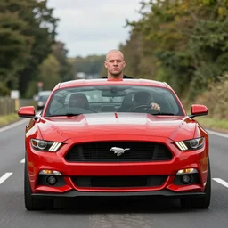 coloured photograph of a muscled young white bald guy with broad shoulders, black shirt and a large chest driving a racing red mustang down a british road, high detail, very clear faces