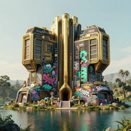 photo hyper realistic concept art house solarpunk in the funny big lake, more graffiti colored, style futuriste brutalism symmetrical details, gold and black turquoise ratio, octane render excellent composition style alphosne mucha