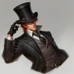 a highly detailed illustration of stylish top hat wearing red haired attractive man, wearing suit vest, leaning back pose, intricate, elegant, highly detailed, centered, digital painting, artstation, concept art, smooth, sharp focus, league of legends concept art, WLOP