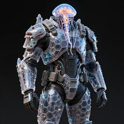 a futuristic soldier with jellyfish and sharkskin armor plating in staggered layers, full body, translucent hexagons, neon colors, sci - fi, highly detailed, digital painting, trending on artstation, concept art, sharp focus, illustration, art by artgerm and greg rutkowski and daytoner and tom bagshaw