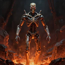 hyperrealistic mixed media painting of a humanoid terminator floating in lava, stunning 3d render + perfect body symmetry + dim volumetric lighting, 8k octane beautifully detailed render, post-processing, extremely hyperdetailed, futuristic mechanic parts, epic composition, grim yet sparkling atmosphere, cinematic lighting + masterpiece, trending on artstation