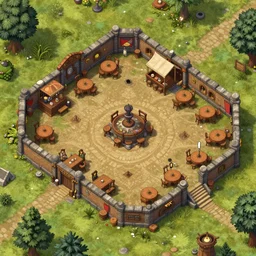 An detailed aerial view of a cartoonish tavern by dungeondraft, contaning tables and walls, dnd map , map patreon, fantasy maps, foundry vtt, fantasy grounds, aerial view ,dungeondraft , tabletop, inkarnate, dugeondraft, roll20