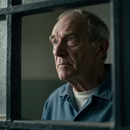 a cinematic, close up portrait, of an old man, looking in the window, dramatic, soft light, dreamy, facial features, stood in a cell, with prison clothing, detailed, deep focus, movie still, dramatic lighting, ray tracing, by hendrik kerstens and paolo roversi