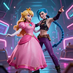 Princess peach mixed with jinx from league of legends, dancing, background with neon lighting, raytrayced, octane render, epic composition, intricate details, hyper-realist, jetset radio style, by Alessandro Barbucci and Barbara Canepa