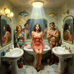 highly detailed wide - angle portrait of a retro 1 9 6 0 s bathroom, nicoletta ceccoli, mark ryden, lostfish, earl nore, hyung tae, frank frazetta, global illumination, god rays, detailed and intricate environment