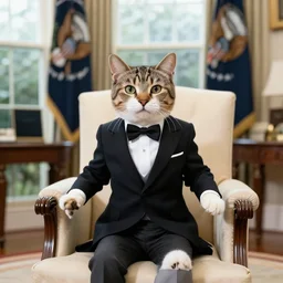 Cat in a dress suit sitting in the White House Oval Office, high quality photo