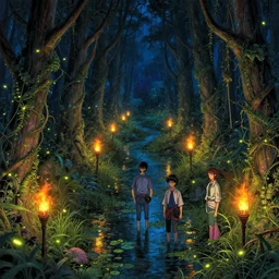 technicolor swamp at night, path, laterns, torches, fire flies, bioluminescence, vines, by takehiko inoue and kim jung gi and hiroya oku by thomas kinkade and greg rutkowski and ilyaku, trending on artstation, photorealistic, octane, hyper detailed, trending on deviantart insane details, intricate, elite, ornate, elegant trend, highly detailed and intricate, sharp focus, unreal engine