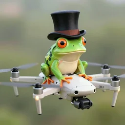 frog in a top hat riding a drone