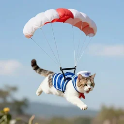 A cat freefalling with a parachute on his back who is dressed as a sailor