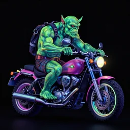 psychedelic blacklight airbrush artwork of a stylized orc on a motorcycle, black background