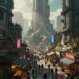 an epic render of a massive cyberpunk market street, volumetric light, trending on artstation