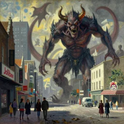 Jollibee City after the invasion of the swag demons, street scene, wide shot, by Moebius, Renoir