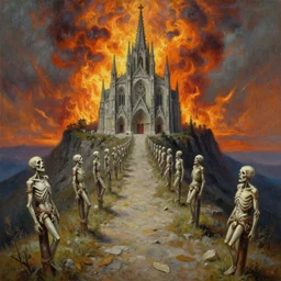 highly detailed oil painting, masterpiece, corpses tied to poles line a walkway to a gothic cathedral on top of a mountain, hell fire and sky, above view, top lighting, realistic shaded,