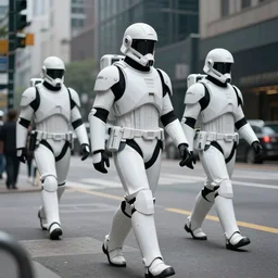 dystopian peacekeepers wearing futuristic white armor patrolling the streets of new america