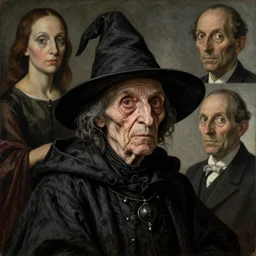 portrait, old wrinkled witch. dark clothes. by El Greco, Remedios Varo, Salvador Dali, Carl Gustav Carus, John Atkinson Grimshaw. high detail, great lighting, 8k resolution, masterpiece, concept art, illustration