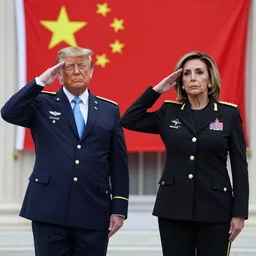 Pelosi and Trump wore Chinese military uniforms and saluted under the Chinese flag.