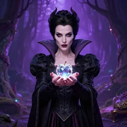 evil queen holding up a crystal apple with both hands, wearing a black dress with big collar, a violet magical jungle in the background. in the style of magic the gathering, james jean, ross tran, craig mullins. yennefer vengerberg, magical atmosphere, superdetailed illustration, 3 d art overpain, 8 k