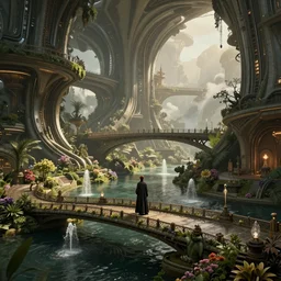 another world of lovecraft, bridges over canals with fountains wiith lush flowers and vegetation, Marc simonetti, Detective, Zaha Hadid, detailed futuristic architecture, Maya render, raytracing, epic cinematography, in the style of Lord of the Rings, Weta Digital, Wētā FX