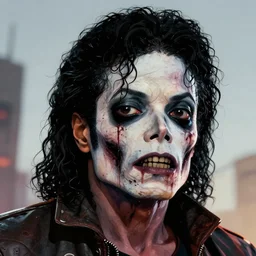 borderlands 3!!! very low angle head shot of michael jackson! cell shaded! scary head portrait of half zombie michael jackson! with dark eye sockets crow movie make up, zombie in horror concept art, llustration, postapocalyptic grunge, shocking, concept art by laurie greasley, highly detailed, zombie, sharp focus, hq, 4 k, art by artgerm and greg rutkowski