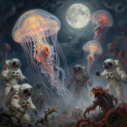 concept art of giant translucent glowing jellyfishes, lovecraftian astronauts, lots of teeth, melting horror, round moon, rich clouds, fighting the horrors of the unknown, high resolution, very detailed, roaring, volumetric light, mist, grim, fine art, decaying, textured oil over canvas, epic fantasy art, very colorful, ornate, anato finnstark