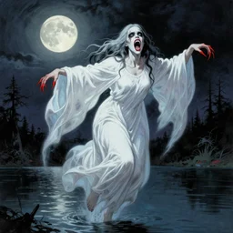 style of Norman Rockwell and Rafael Albuquerque comic book art, female ghost with white dress floating over a lake, ghastly scary horrible witch look on face, screaming angry, extremely long nails, red, floating over a lake, night time, dark, full moon, scary terrifying horror