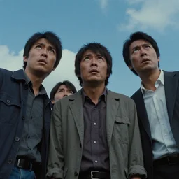 Men look up at the sky, frightened, Scenes from Japanese-man(2000)