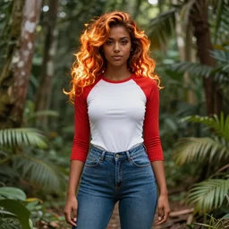 nagatoro accurate brown skin color, using white and red tight raglan sleeves, tight blue jeans, in a tropical forest, burning hair glowy fire flames hair in flames hair fire hair, artstation, 3 d ray tracing, lumen, octane render flawless masterpiece concept art professionally post processed by wlop