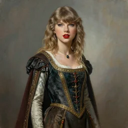 A surreal, beautiful portrait painting of Taylor Swift dressed in medieval attire by Rembrandt