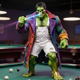 hulk with a green skull for a head. wearing a multicolored overcoat, torn white shorts, overalls, and a gold leg. firing a laser from his skull mouth. billiards themed