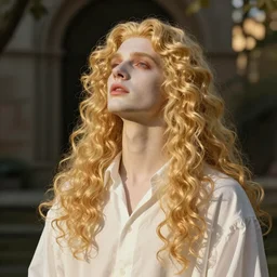 the androgynous prince Lucius, head and shoulders masterpiece, pale porcelain skin with long fluffy blond curly hair, in rapture, golden hour, white poet shirt, artstation, in the style of Art Deco and Edward Hopper and Bosch, extremely detailed